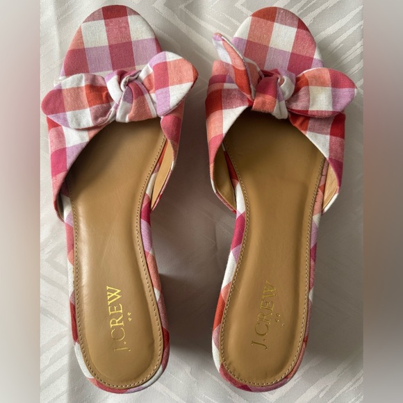 J. Crew Shoes - J. Crew Bow Pink and Red Plaid Mules Size 8.5 Wooden Slip On